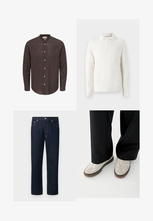 Pull en tricot blanc avec une finition texturée, col à boutons et patte de boutonnage à trois boutons. Une bordure et des poignets côtelés complètent le design.; Chemise en lin marron foncé à manches longues avec col mao et boutons blancs sur le devant.; Jean droit bleu foncé avec surpiqûres orange, bouton frontal et design à cinq poches sur un fond clair uni.; Pieds portant des baskets beige avec des semelles marron et un pantalon noir à jambes larges sur fond blanc.