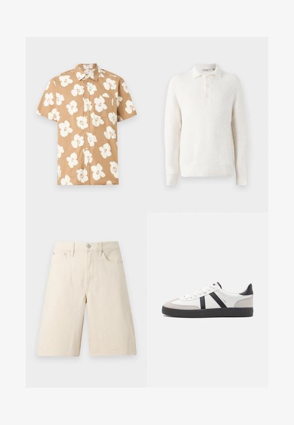 Pull en tricot blanc avec une finition texturée, col à boutons et patte de boutonnage à trois boutons. Une bordure et des poignets côtelés complètent le design.; Chemise beige à manches courtes avec boutons, grand imprimé floral blanc et poche poitrine, affichée sur un fond plat gris clair.; Short en jean écru mi-longueur avec bouton avant, fermeture éclair, passants pour ceinture et design à cinq poches sur fond blanc.; Baskets blanches avec des accents noirs et gris, présentant un embout texturé gris, une semelle en caoutchouc noir et des lacets plats blancs. Design épuré, style minimaliste.