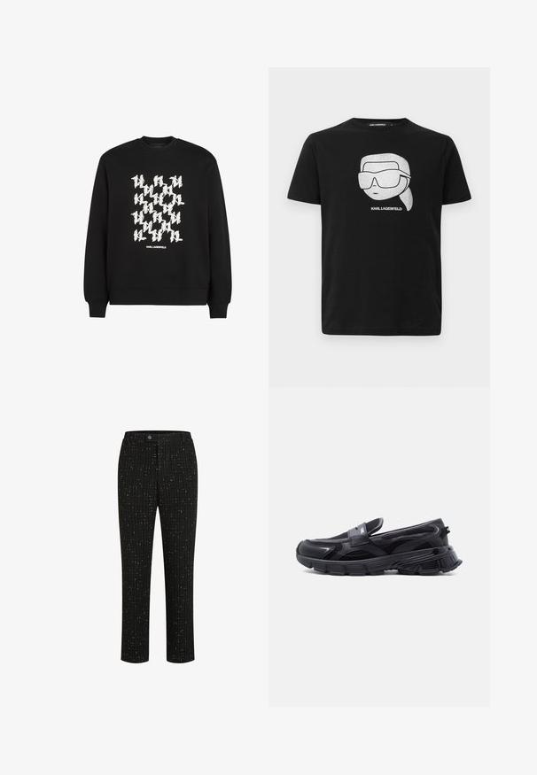 Čierna mikina so silným bielym grafickým vzorom a textom "KARL LAGERFELD" na spodnej strane. Vyrobená zmäkkej bavlnenej tkaniny.; Čierne bavlnené tričko s bielou grafikou stylizovanej postavy v veľkých slnečných okuliaroch, s textom "KARL LAGERFELD" pod obrázkom.; Čierne nohavice na mieru s textúrovaným vzorom tenkých bielych vertikálnych pruhov, rovný strih a zapínanie na gombík v oblasti pásu.; Čierna teniska na navliekanie s hrubou textúrovanou podrážkou a sieťovinovými panelmi, navrhnutá na bežné a športové nosenie.