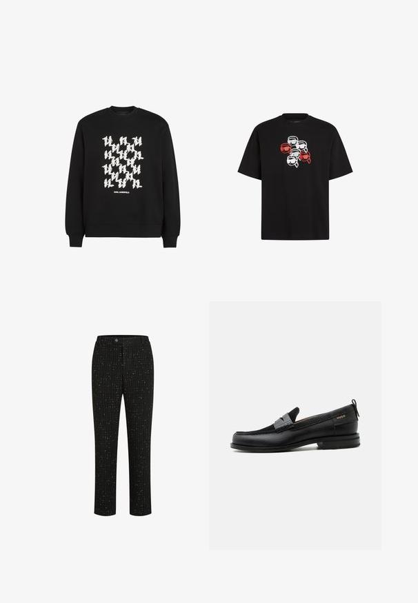 Sweat-shirt noir avec un audacieux motif graphique blanc et le texte "KARL LAGERFELD" en bas. Fabriqué en tissu de coton doux.; T-shirt en coton noir avec un graphique de six têtes stylisées portant des lunettes dans des couleurs rouge, blanc et noir, à manches courtes et col rond.; Pantalons noirs ajustés avec un motif texturé de fines lignes verticales blanches, une coupe droite et une fermeture à bouton à la taille.; Mocassin en cuir noir avec détail de bride grise, talon bas et semelle texturée, marqué "HUGO" en or sur le côté.