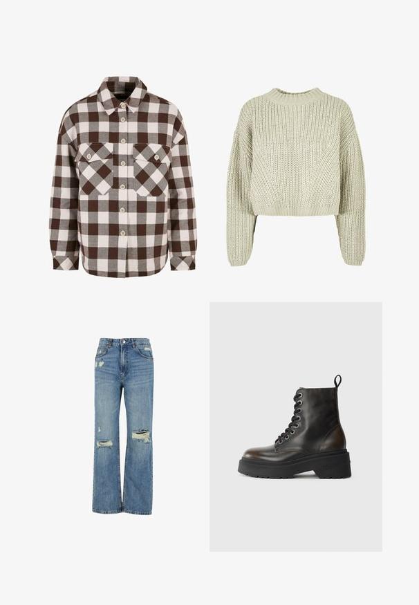 Lys grå strikket sweater med en afslappet pasform, ribbet halsudskæring og brede ærmer. Tekstureret stof med diagonale sy mønstre.; Brun og hvid plaid knap-op skjorte med to brystlommer, der har en klassisk krave og knap-ned foran. Blød stofstruktur.; Lyseblå denim jeans med højtalje, bred benpasform, slidte huller ved knæene og klassisk fem-lomme design.; Sorte læder ankelstøvler med snørebånd, tyk sort sål og en løkke bagpå, prydet med præget mærkenavn på hælen.