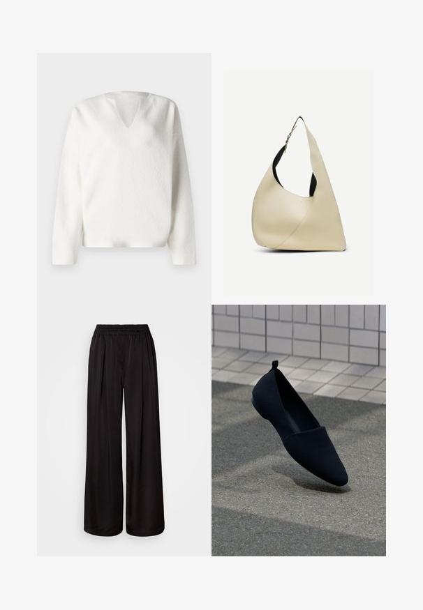 Pull blanc texturé avec un col en V et des manches longues. Présente une coupe ample et un tissu doux et confortable. Design simple et minimaliste.; Pantalon noir à jambes larges avec une taille élastique, doté de plis verticaux, d'une texture de tissu lisse et d'une silhouette décontractée.; Chaussure plate noire avec un bout pointu, texture lisse et design minimaliste. Dotée d'un petit talon et d'une languette à l'arrière.; Sac à bandoulière en cuir lisse couleur crème, de forme triangulaire arrondie, avec une sangle réglable et une boucle en argent.