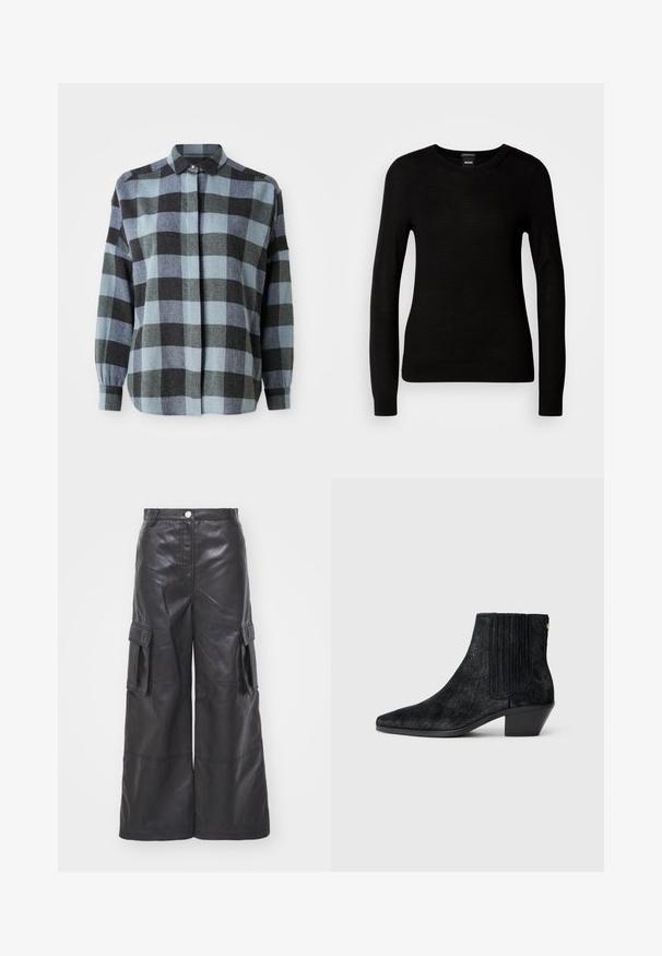 Pull noir en maille fine, avec un col rond et des manches longues à poignets ajustés. Pas de motifs ou d'ornements visibles.; Chemise en flanelle à motif carreaux bleu et noir, dotée de manches longues, d'un col et d'une fermeture à boutons sur le devant. Texture douce et coupe décontractée.; Pantalons cargo en cuir noir avec une coupe large, dotés de deux poches latérales et d'une couture détaillée. Le tissu a une texture lisse et brillante.; Bottine noire à bout pointu, en matériau texturé imitant les cheveux, avec un panneau latéral à nervures et un petit talon carré. Un design simple et moderne.
