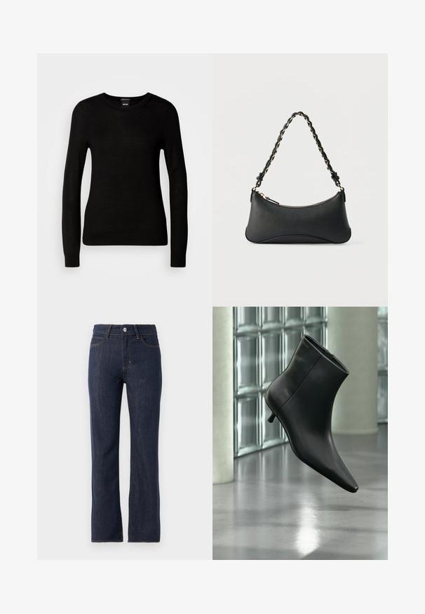 Sort sweater lavet af et fint strikmateriale, med en rund halsudskæring og lange ærmer med tætsiddende mansjetter. Ingen synlige mønstre eller dekorationer.; Mørkeblå denimjeans med lige ben-design, der har en knaplukning, fem lommer og kontrasterende orange syninger.; Sort læderankelstøvle med spids tå og lav kitten-hæ, vist vinklet mod en poleret gulv- og glasblokvæg.; Sort skuldertaske i læder med en buet rektangulær form, gyldent kæde vævet ind i en flettet sort rem og toplynlås.