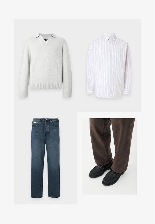 Suéter de punto gris claro con diseño de escote en V y cuello. Puños y dobladillo acanalados, con una textura suave y un ajuste casual.; Camisa de hombre de manga larga con botones, con finas rayas verticales marrones, un bolsillo simple en el pecho y cuello puntiagudo sobre fondo blanco.; Vaqueros de mezclilla azul oscuro con corte recto, cinco bolsillos, trabillas para cinturón y cierre de cremallera. Textura suave con sutiles detalles de desgaste.; Zapatos de cuero negro con un acabado liso, punta redondeada y diseño con cordones, combinados con pantalones marrones texturizados. Vista desde abajo.