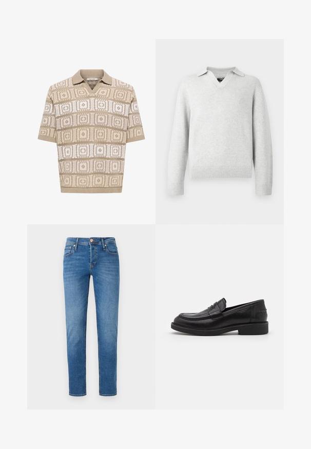 Pull en tricot gris clair avec un col en V et un design avec col. Poignets et ourlet côtelés, doté d'une texture douce et d'une coupe décontractée.; Polo en maille beige à manches courtes avec motifs géométriques carrés et losanges en beige et blanc, col et poignets côtelés.; Jean en denim bleu à coupe slim, style cinq poches, fermeture à bouton à l'avant, et décoloration subtile sur les cuisses et les genoux.; Mocassins en cuir noir avec un bout arrondi, des coutures ton sur ton et un détail de sangle à l'avant. Semelle en caoutchouc avec un petit talon.