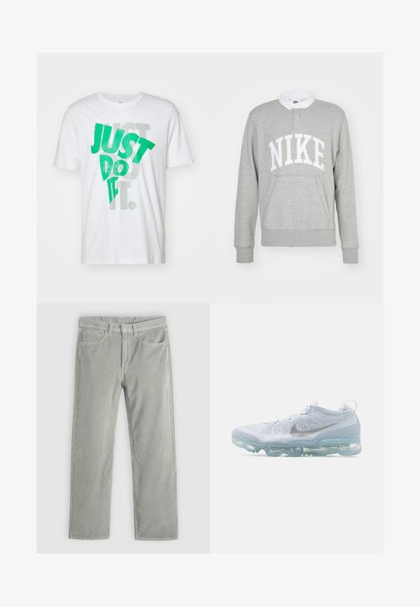 Sudadera gris con el logo blanco de "NIKE", puños acanalados y diseño con cuello. Fabricada con tela suave y con un bolsillo delantero.; Camiseta blanca de algodón con gran texto verde "JUST DO IT" superpuesto sobre texto gris. Cuello redondo, mangas cortas, textura suave.; Pantalones de pana gris claro ajustados con botón frontal, cremallera, trabillas para el cinturón y diseño de cinco bolsillos sobre un fondo liso.; Nike Air Vapor Max, con una parte superior de malla blanca, swoosh plateado y una mediasuela azul translúcida con amortiguación de aire. Diseño ligero y transpirable.
