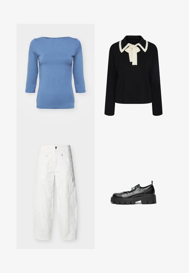 Sort langærmet sweater med bred krave trimmet i hvid og en hvid sløjfe bundet ved halsudskæringen.; Blå langærmet bluse lavet af blødt stof med scoop halsudskæring og tætsiddende design. Har en glat tekstur og syninger langs kanten.; Hvide bukser med vidde ben, frontlommer med påsyet lommer, knaplukning og synlige sømdetaljer, vist på en ensfarvet baggrund.; Sorte læder snørebåndssko med rund tå, kraftig platåsål og dekorativ syning langs kanten.