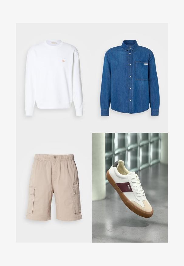 Hvid sweatshirt med lange ærmer, rund hals og ribbede manchetter. Har et lille logo i rød og beige på venstre brystområde. Glat tekstur.; Blå denim skjorte med knapper, spidse krave, lange ærmer, brystlomme og et logo på lommen. Glat, holdbart stof.; Beige cargo shorts med elastisk talje, knaplukning, to sidelommer og ekstra lommer på lårene. Letvægtsstof.; Hvid lavtop-sneaker med brun sål, vinrød stribe mærket "BOSS," beige tå-accenter og sort hæl, svævende over en grå gulv.