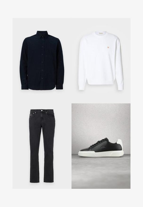 Sweatshirt blanc à manches longues, col rond et poignets côtelés. Présente un petit logo rouge et beige sur la zone de la poitrine gauche. Texture lisse.; Chemise à manches longues bleu marine en tissu texturé, avec un devant boutonné, un col pointu et des poignets boutonnés.; Jean en denim noir avec une coupe droite. Comprend deux poches avant, une poche pour les pièces et une poche arrière avec un petit logo de marque. Quincaillerie argentée.; Baskets en cuir noir à bout rond, semelle en caoutchouc blanche et lacets noirs. Présentent un logo sur le côté et un accent de talon blanc contrastant.