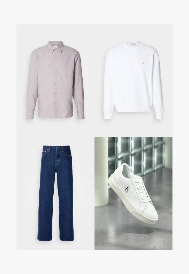Sweatshirt blanc à manches longues, col rond et poignets côtelés. Présente un petit logo rouge et beige sur la zone de la poitrine gauche. Texture lisse.; Chemise en lin gris clair avec col, manches longues et boutonnière. Présente une texture subtile et des boutons en nacre le long de la patte de boutonnage.; Jean en denim bleu foncé avec un design à jambes larges, doté d'une fermeture à bouton et d'un style à cinq poches classique. Le tissu a une texture lisse.; Baskets blanches Calvin Klein avec lacets, présentées en suspension au-dessus d'un sol en béton poli et d'un mur en blocs de verre en arrière-plan.
