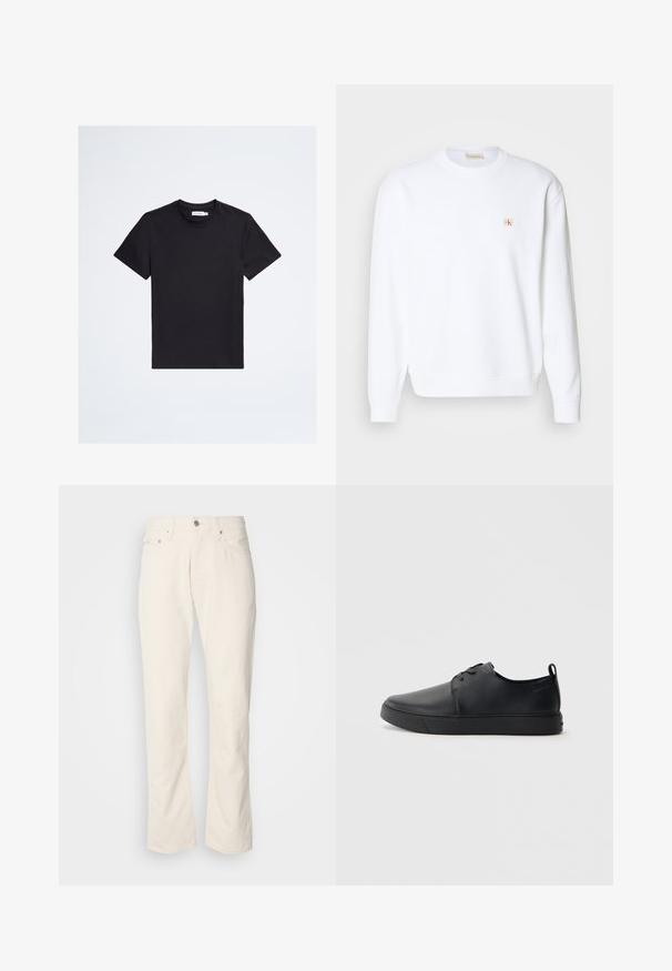 Valkoinen collegemekko pitkillä hihoilla, pyöreällä kaula-aukolla ja ribbien hihoilla. Vasemmassa rintataskussa on pieni punainen ja beige logo. Sileä pinta.; Musta lyhythihainen pyöreäkauluksinen T-paita, jossa pieni sävytetty logo vasemmassa rinnassa ja valkoinen merkkilappu kauluksen sisällä.; Beige puuvillafarkut klassikalisella suoranlahkeisella muotoilulla, etupainikkeella suljettuna, viidellä taskulla ja hillityillä ompeluyksityiskohdilla.; Musta nahkakengät hienolla pinnalla, pyöreällä varvastyönnöllä, sävyyn sointuvilla ompeluilla, nauhakengät edessä ja littealla kumipohjalla. Silmukka kantapäässä.