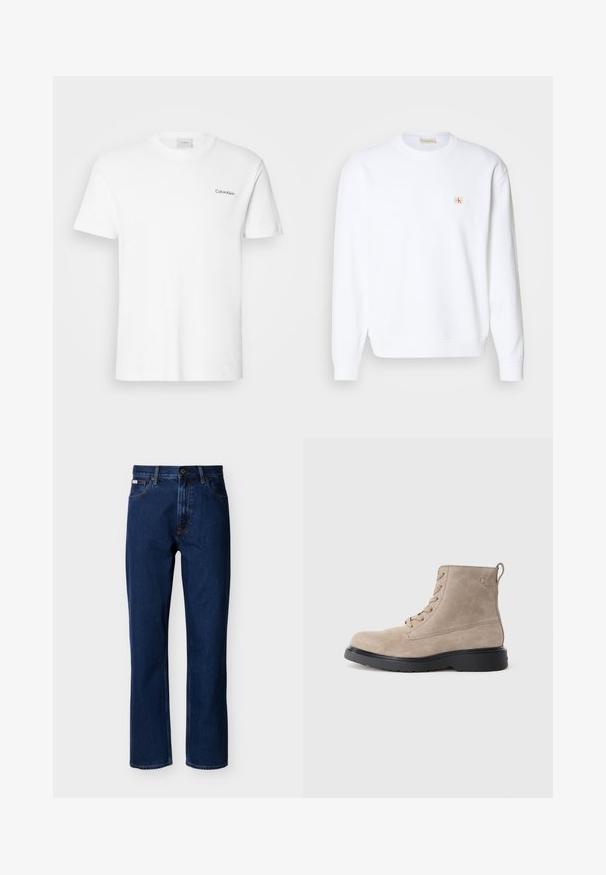 Sudadera blanca de manga larga, con cuello redondo y puños acanalados. Presenta un pequeño logo en rojo y beige en la parte izquierda del pecho. Textura suave.; Camiseta de algodón blanca con mangas cortas y un escote en forma de cuello redondo. Presenta un pequeño logotipo negro de "Calvin Klein" en el lado izquierdo del pecho.; Vaqueros azul oscuro de corte recto hechos de mezclilla, con un diseño clásico de cinco bolsillos, costuras sutiles y cierre frontal con botón.; Botines de ante beige con suela de goma negra, diseño con cordones y un pequeño logotipo grabado en el lateral, que cuenta con una lengüeta en la parte posterior.