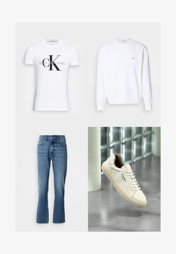 Weißes Sweatshirt mit langen Ärmeln, Rundhalsausschnitt und gerippten Bündchen. Verfügt über ein kleines Logo in Rot und Beige im Bereich der linken Brust. Glatte Textur.; Weißes kurzärmeliges T-Shirt mit großem schwarzem "cK" und grauem "Calvin Klein Jeans" Textlogo auf der Vorderseite.; Hellblaue Denim-Jeans mit geradem Schnitt und leicht ausgestelltem Bein. Verfügt über fünf Taschen, einen Knopfverschluss und dezente Waschungseffekte.; Weißer Canvas-Sneaker mit beiger Sohle und Schnürsenkeln, "AllSaints London" Logo an der Seite, schwebend über einem grauen, polierten Boden in der Nähe von Glasblöcken.
