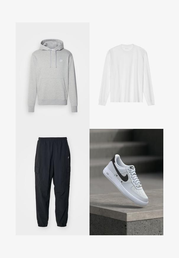Grå fleece hættejakke med en front kangaroo lomme, snøre i hætten og hvidt logo på brystet. Har ribbede manchetter og kant.; Hvid, langærmet t-shirt i bomuld med rund hals, med ribbede ærmeafslutninger og en lige kant, glat tekstur og minimalistisk design.; Sorte cargo-bukser lavet af letvægtsmateriale, der har en elastisk talje, sidelommer og en afslappet pasform med elastiske manchetter.; Hvid Nike Air Force 1 sneaker med sort swoosh-logo, svævende over en betonforkant med slørede trapper i baggrunden.