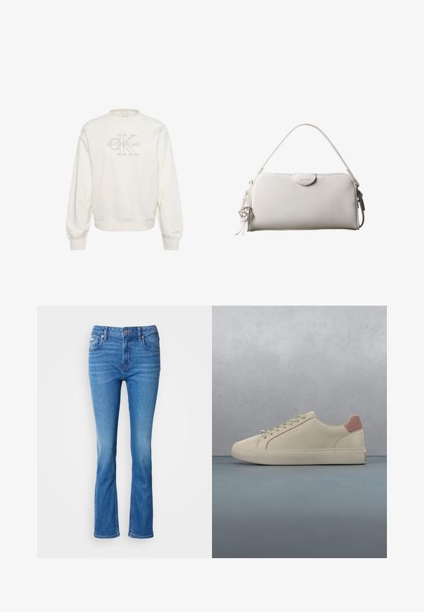 Hvid crewneck sweatshirt med lange ærmer og ribbet manchetter, med en diskret Calvin Klein-logo broderet på brystet.; Blå denim flared jeans med en mellemhøj talje, der har et klassisk fem-lomme design og en subtil affadet tekstur ved knæene.; Sneaker i cremefarve med pink hælfanebånd, beige snørebånd og glat overdel, ophængt over et trægulv med grusfyldte fuger udendørs.; Hvid rektangulær Calvin Klein håndtaske med enkelt håndtag, minimalistisk design og dekorative kvaster med geometrisk metalvedhæng på siden.