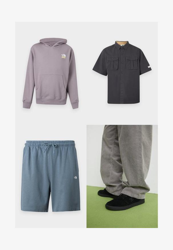 Sudadera con capucha de color lila claro, con bolsillo delantero y logo "The North Face 1966" en blanco y amarillo en el pecho izquierdo.; Camisa gris oscuro de manga corta con botones, dos bolsillos en el pecho con botones y una etiqueta en la manga izquierda.; Pantalones cortos con cintura elástica azul, cordón ajustable y pequeño logo blanco de The North Face en el muslo izquierdo.; Zapatillas de skate de ante negro con un acabado texturizado y un logo, combinadas con pantalones de pana gris con una textura acanalada. Superficie del suelo en verde.