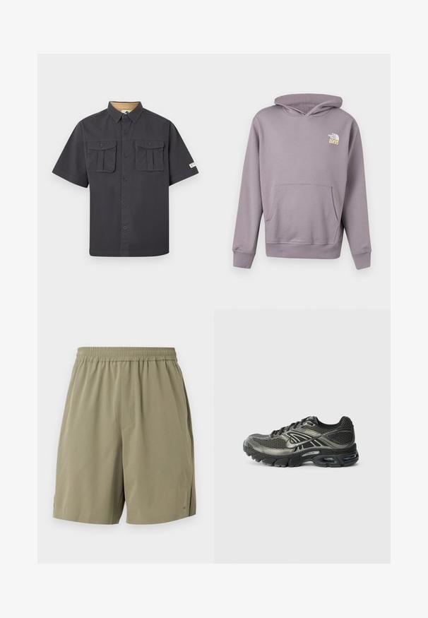Sweat à capuche violet clair avec poche avant et logo "The North Face 1966" blanc-jaune sur la poitrine gauche.; Chemise à manches courtes gris foncé avec deux poches poitrine boutonnées et une étiquette sur la manche gauche.; Shorts kaki en tissu léger avec une ceinture élastique, dotés de poches latérales et d'un design épuré pour un confort optimal.; Baskets de course Nike noires et grises avec tige en mesh, semelle rembourrée, amorti visible et lacets sur fond blanc uni.