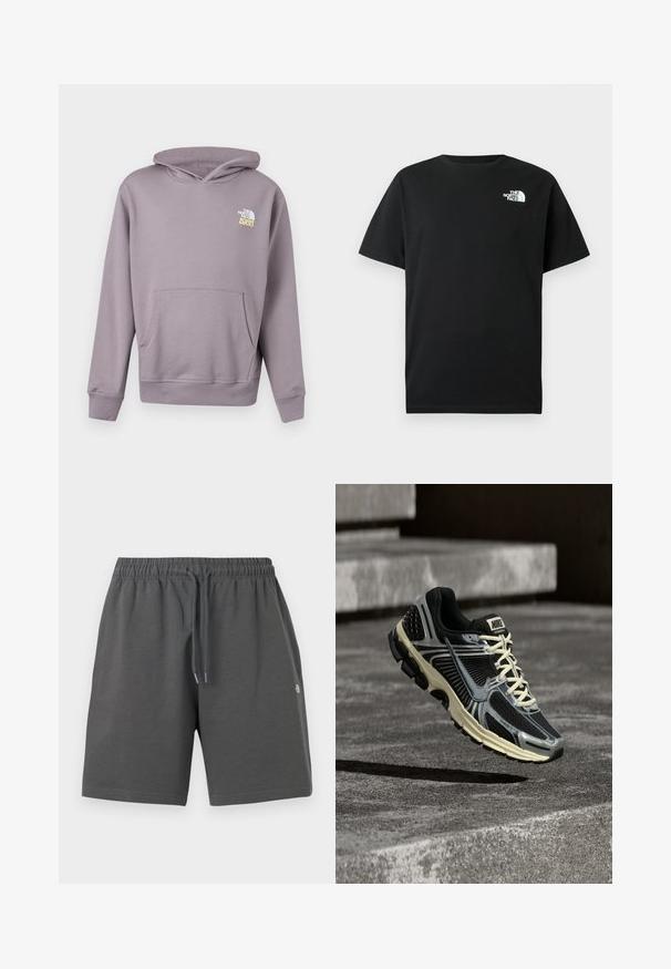 Lyse lilla hættetrøje med forlomme og hvid-gult "The North Face 1966" logo på venstre bryst.; Sort bomulds-T-shirt med korte ærmer, rund hals og hvidt logo på venstre bryst. Enkel, ubesmykket design.; Grå shorts lavet af blødt stof med elastisk taljebånd og justerbar snøre. Har et enkelt design uden lommer eller mønstre.; Sort og grå Nike-løbesko med cremefarvede snørebånd, der svæver over en tekstureret betonoverflade.