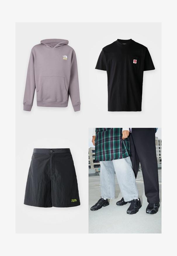 Helelilla kapuutsiga dressipluus ees tasku ja vasakul rinnal valge-kollase "The North Face 1966" logoga.; Must musta T-särk ümmarguse kaeluse, lühikeste varrukate ja vasakpoolse rinna taskuga, millel on punane südameplekk valge tekstiga.; The New Originals RUNNING - Lühikesed püksid - black; Mustad mustad jalanõud, millel on võrkkangast ja kummist aktsendid. Kannab heledat halli laiade jalgadega teksapükse ja ruudulist rohelisest topi. Lame pind taust.