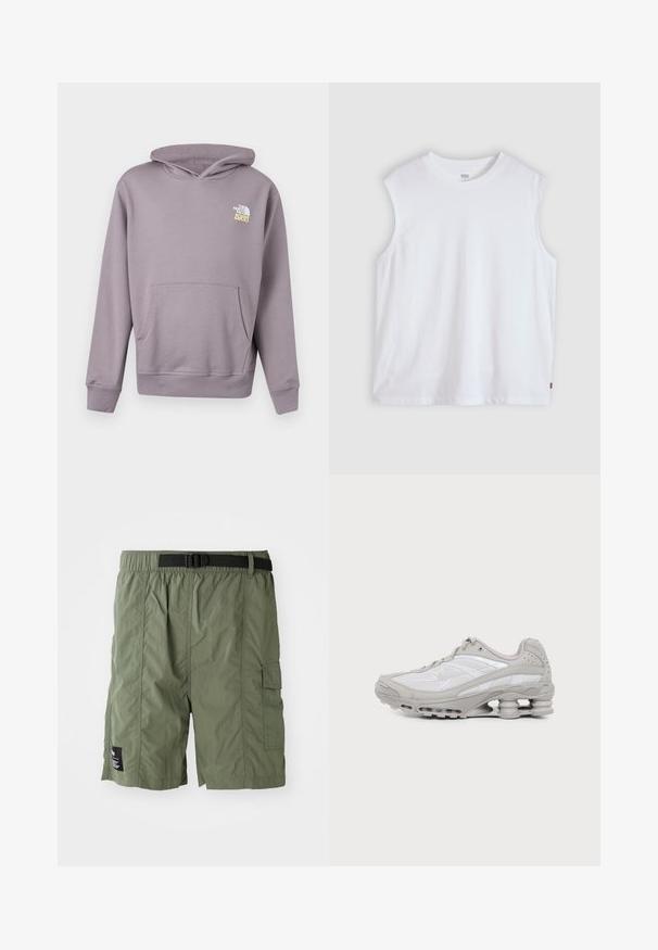 Sweat à capuche violet clair avec poche avant et logo "The North Face 1966" blanc-jaune sur la poitrine gauche.; T-shirt blanc sans manches à col rond avec une petite étiquette logo Levi's sur la couture latérale, présenté sur un fond clair uni.; Shorts cargo vert olive avec une taille élastique et une boucle noire. Ils disposent d'une poche latérale et d'un tissu texturé.; Baskets de sport grises et blanches avec semelle à coussin d'air visible et panneaux en mesh, présentées de profil sur un fond clair uni.