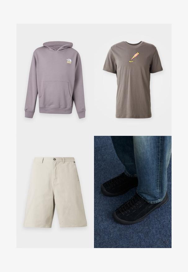 Lyse lilla hættetrøje med forlomme og hvid-gult "The North Face 1966" logo på venstre bryst.; Grå bomulds t-shirt med korte ærmer, der har en trykt illustration af en pink flaske og gul væske, der hælder ned på fronten af skjorten.; Beige stofshorts med afslappet pasform, med knaplukning, bæltestropper og sidelommer. Glat tekstur med subtile syningsdetaljer.; Sorte ruskindssneakers med tekstureret overflade, diskret snøring og holdbare gummisåler, parret med blå denim jeans.
