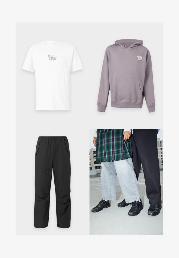 Sweat à capuche violet clair avec poche avant et logo "The North Face 1966" blanc-jaune sur la poitrine gauche.; T-shirt en coton blanc avec une illustration subtile en gris d'un homard et le texte "Appelle tes amis" centré sur la poitrine. Coupe classique.; Pantalons noirs légers avec une taille élastique, des poches latérales et une coupe décontractée. Texture lisse, sans motifs ni accents visibles.; Baskets de sport noires avec des accents en mesh et en caoutchouc. Portées avec un jean large gris clair et un haut à carreaux vert. Fond à surface plane.