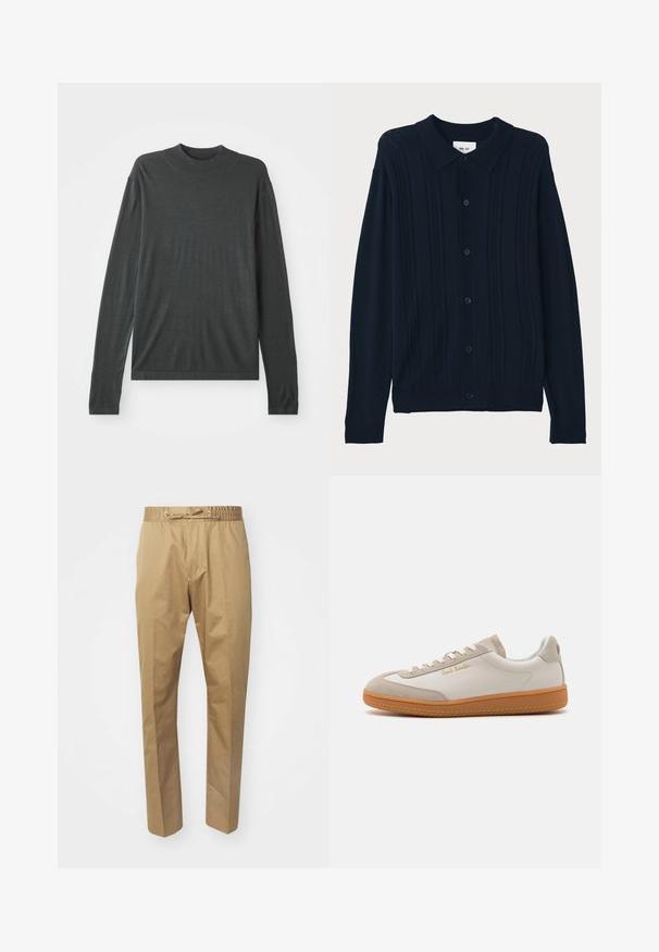 Mørkegrå langærmet strikket sweater med høj, ribbet krave. Blød tekstur, afslappet pasform og ingen synlige mønstre eller hardwaredetaljer.; NN.07 THOR - Skjorter - dark blue; Beige bukser med elastisk talje og justerbar snøre. Glat tekstur, lige ben og minimalistisk design.; Hvide og beige lavtoppede sneakers med gummisål, hvide snørebånd, detaljer i ruskind og guld "Paul Smith" logo på siden.