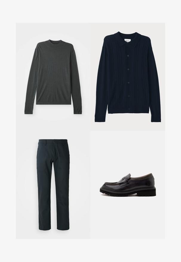Mørkegrå langærmet strikket sweater med høj, ribbet krave. Blød tekstur, afslappet pasform og ingen synlige mønstre eller hardwaredetaljer.; NN.07 THOR - Skjorter - dark blue; Sorte, lige bukser lavet af glat stof; har bæltestropper og flad frontdesign. Side lommer inkluderet.; Sort lædersko med tyk gummisål og tekstureret krave, sidevisning på almindelig lys baggrund.