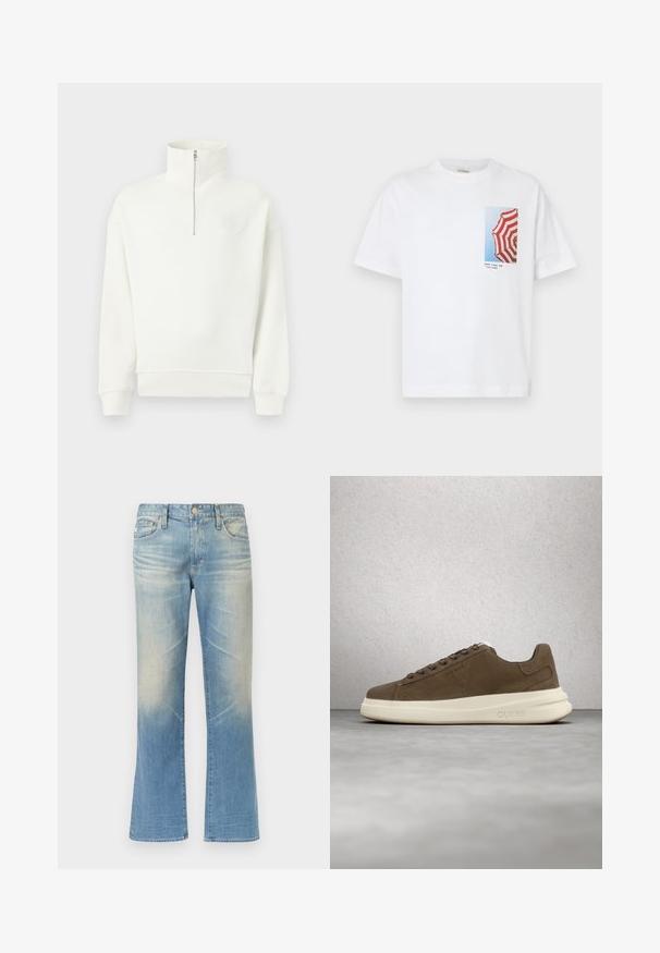 Witte longsleeve sweatshirt met een hoge kraag en een halve ritssluiting aan de voorkant, geribbelde manchetten en zoom, getoond op een eenvoudige lichte achtergrond.; Wit T-shirt met een foto van een rood-wit gestreepte paraplu tegen een blauwe lucht, met de tekst "GOOD TIMES AND TAN LINES" eronder.; Lichtblauwe denim flared jeans met een vervaagde finish, vijfzakkenontwerp, metalen knoopsluiting en rechte zoom.; Bruine suède sneaker met een crèmekleurige rubberen zool, platte veters en een logo aan de zijkant. Lichtgewicht ontwerp en gladde textuur.