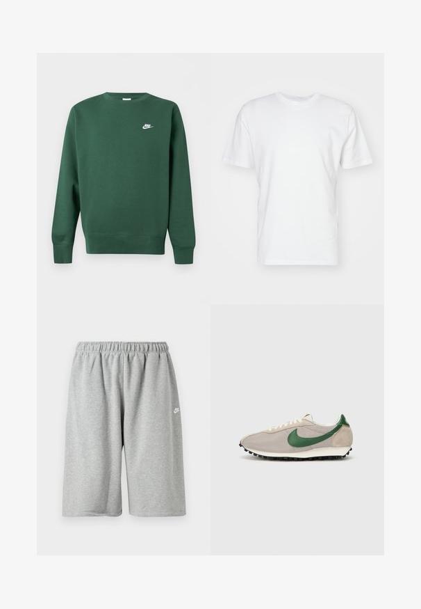 Dunkelgrüner Sweatshirt mit Rundhalsausschnitt, langen Ärmeln und kleinem weißen Nike-Logo auf der linken Brust.; Weißes Baumwoll-T-Shirt mit kurzen Ärmeln, Rundhalsausschnitt und glatter Textur. Einfaches Design ohne Muster oder Grafiken.; Graue Baumwollshorts mit elastischem Bund, locker geschnitten und einem kleinen weißen Logo nahe dem Saum. Glatte Textur, knielang.; Beige Laufschuhe mit grünen Wildlederakzenten, strukturiertem Mesh-Obermaterial, cremefarbenen Schnürsenkeln und einer schwarzen Gummisohle mit Traktionsnoppen.