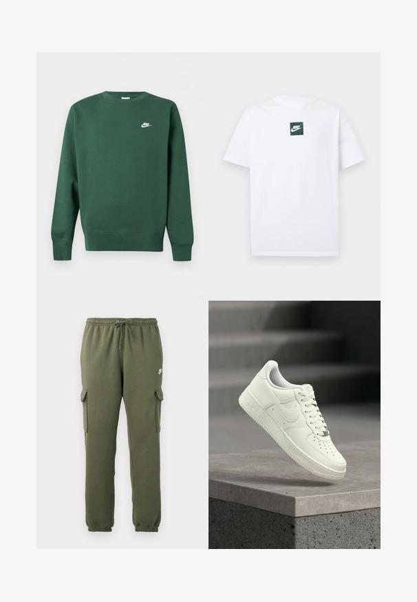 Donkergroene crewneck sweatshirt met lange mouwen en klein wit Nike-logo op de linkerborst.; Witte Nike T-shirt met korte mouwen en een klein groen vierkant logo met de Nike swoosh en tekst, gecentreerd op de borst.; Olijfgroene cargobroek met elastische tailleband, trekkoordsluiting, zijzakken en een logo op de dij. Gladde katoenmix stof.; Witte leren sneaker met een laag profiel, een gestructureerd oppervlak, perforaties op de neus en zilverkleurige accenten op de veters en het logo.