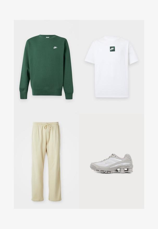 Donkergroene crewneck sweatshirt met lange mouwen en klein wit Nike-logo op de linkerborst.; Witte Nike T-shirt met korte mouwen en een klein groen vierkant logo met de Nike swoosh en tekst, gecentreerd op de borst.; Lichtbeige sweatpants met een trekkoord in de taille, taps toelopende pijpen en een zachte textuur. Heeft een subtiel merkje op het onderbeen.; Grijze en witte sportschoen met zichtbare luchtkussenzool en meshpanelen, in profiel weergegeven op een eenvoudige lichte achtergrond.
