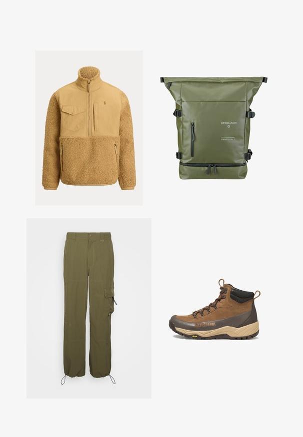 Beige fleecejakke med en glat stofoverdel, lynlåslukning foran, høj krave, brystlomme og to sidelommer med lynlås. Teksturen er blød og fluffy.; Olivenfarvede cargo-bukser lavet af letvægtsstof. Funktioner inkluderer knaplukning, sidelommer og justerbare manchetter med snore.; Brun og beige vandrestøvle i mellem højde med sort polstret krave, Gore-Tex-logo, metaløjer og Vibram-ydersål.; Grøn rulle-top rygsæk med en tekstureret overflade, justerbare stropper, lynlås-lomme foran og logo-detaljer i hvid og sort.