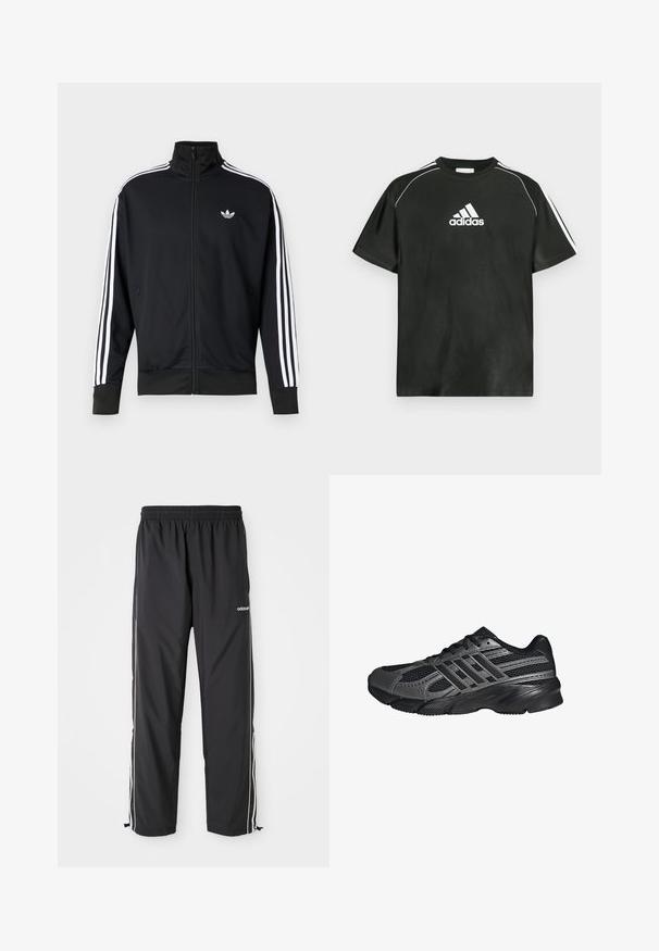 Sort lynlåstrøje lavet af meshstof, med hvide striber på ærmerne og et lille hvidt logo på brystet.; Sort T-shirt med korte ærmer, hvide Adidas-logo på brystet og hvide striber på skuldrene. Fremstillet af glat stof, afslappet pasform.; Sorte atletiske bukser lavet af letvægtsstof, med hvide sidelister, elastisk talje og justerbare ankelmanchetter.; Sorte træningssko lavet af mesh og syntetiske materialer, med en tekstureret overflade, flere grå striber og en polstret krave.