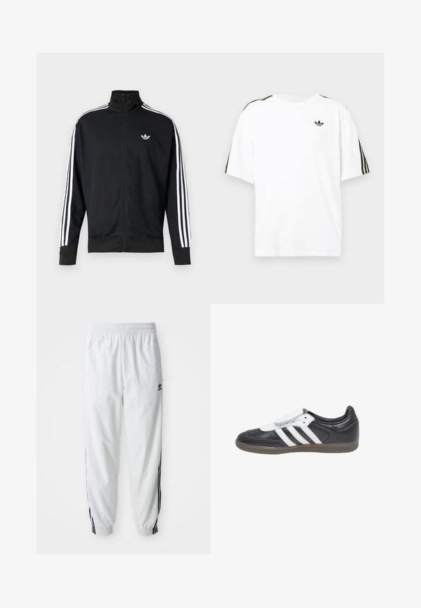Chaqueta negra con cremallera hecha de tela de malla, con rayas blancas en las mangas y un pequeño logo blanco en el pecho.; Camiseta de algodón blanca con mangas cortas, presenta acentos en negro con tres rayas en los hombros y un pequeño logo negro en el pecho.; Pantalones deportivos blancos con franjas laterales negras, banda elástica en la cintura y puños; presenta el logo de Adidas en el muslo izquierdo. Textura de tela lisa.; adidas Originals SAMBA LT - Zapatillas - core black footwear white gum