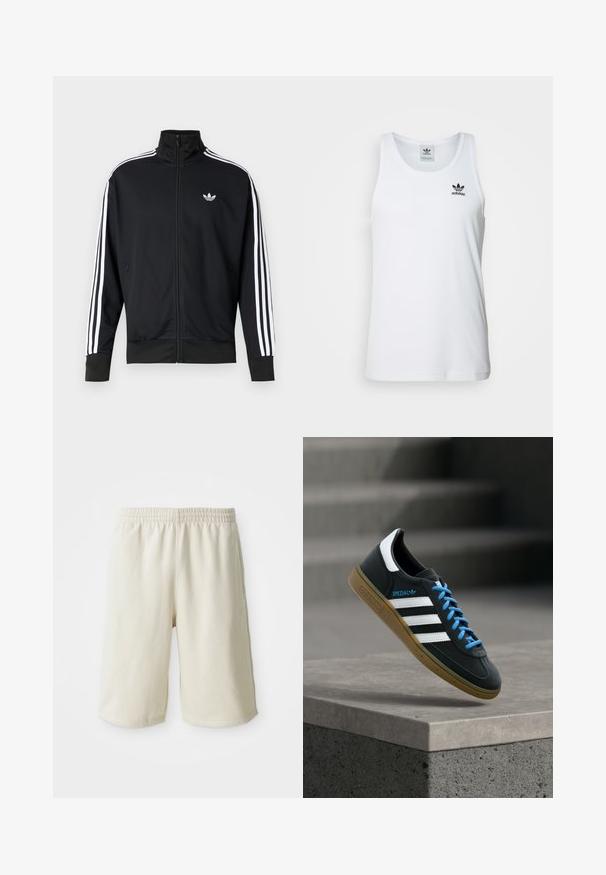 Schwarze Jacke zum Reißverschluss aus Mesh-Stoff, mit weißen Streifen an den Ärmeln und einem kleinen weißen Logo auf der Brust.; Weißes geripptes Tanktop mit Rundhalsausschnitt, schwarzem Adidas-Logo auf der linken Brust und ohne Ärmel. Weiches Baumwollmaterial, lässige Passform.; Helle beige Sportshorts mit elastischem Bund, glatter Textur und dezentem Logodetail an der unteren linken Seite. Ohne Taschen.; Schwarzer Adidas-Sneaker mit weißen Streifen, blauen Schnürsenkeln und Gummisohle, der über einer grauen Betontreppe im weichen Licht schwebt.