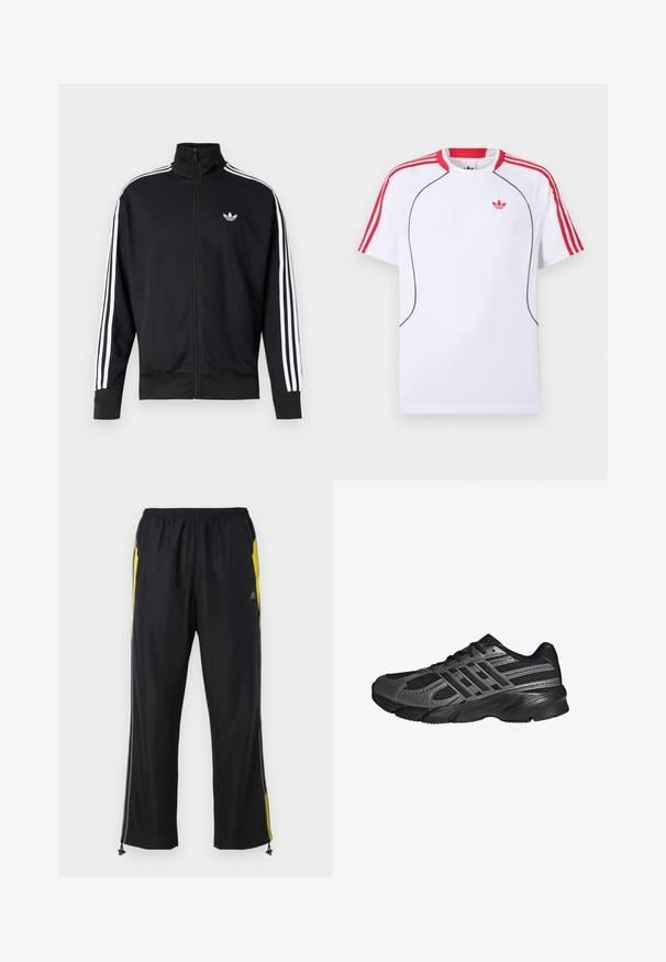 Sort lynlåstrøje lavet af meshstof, med hvide striber på ærmerne og et lille hvidt logo på brystet.; Hvid kortærmet sportstrøje med røde striber på skuldre og ærmer, sort piping foran og rødt Adidas trefoil-logo på brystet.; Sorte træningsbukser med gule sideaccenter, elastisk talje og lynlåslommer på siden. Fremstillet af let og glat stof.; Sorte træningssko lavet af mesh og syntetiske materialer, med en tekstureret overflade, flere grå striber og en polstret krave.
