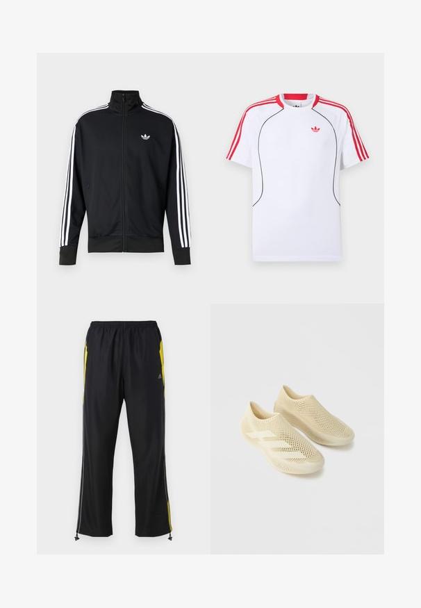 Veste noire zippée en tissu maille, avec des bandes blanches sur les manches et un petit logo blanc sur la poitrine.; T-shirt de sport blanc à manches courtes avec des rayures rouges sur les épaules et les manches, un liseré noir à l'avant, et le logo Adidas trèfle rouge sur la poitrine.; Pantalons de sport noirs avec des accents jaunes sur les côtés, taille élastique et poches latérales zippées. Fabriqués en tissu léger et lisse.; Paire de chaussures beiges sans lacets avec une structure en treillis ressemblant à un filet et trois bandes sur un fond gris clair uni.
