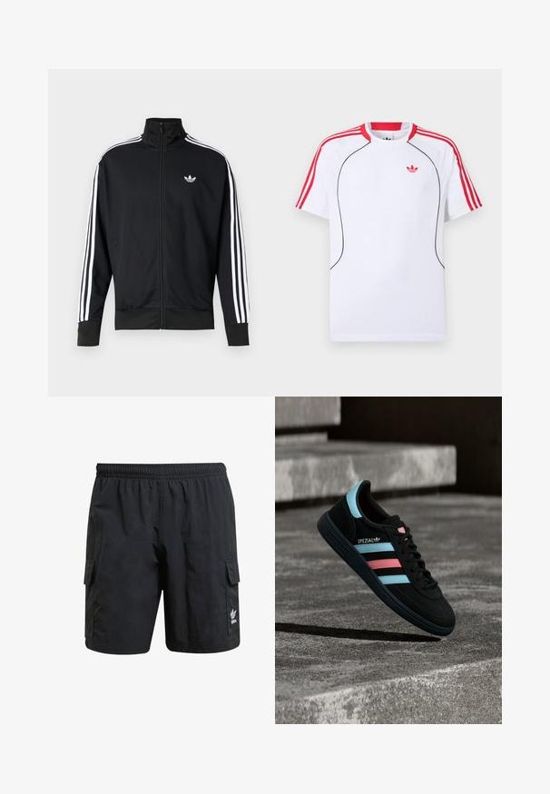 Chaqueta negra con cremallera hecha de tela de malla, con rayas blancas en las mangas y un pequeño logo blanco en el pecho.; Camiseta deportiva blanca de manga corta con rayas rojas en los hombros y las mangas, ribete negro en la parte delantera y logo trebol rojo de Adidas en el pecho.; Pantalones cortos de carga negros con cintura elástica, dos bolsillos laterales y un logo en la parte inferior de la pierna. Hechos de una tela ligera con una textura suave.; Zapatilla negra Adidas Spezial con rayas azules y rosas, flotando sobre una superficie de hormigón gris texturizada con sombra debajo.