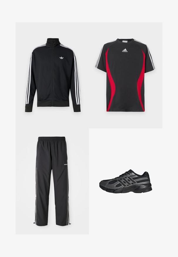 Sort lynlåstrøje lavet af meshstof, med hvide striber på ærmerne og et lille hvidt logo på brystet.; Sort kortærmet T-shirt med røde sideakcenter, hvid Adidas-logo på brystet og hvide skulderstriber. Fremstillet af et glat stof.; Sorte atletiske bukser lavet af letvægtsstof, med hvide sidelister, elastisk talje og justerbare ankelmanchetter.; Sorte træningssko lavet af mesh og syntetiske materialer, med en tekstureret overflade, flere grå striber og en polstret krave.