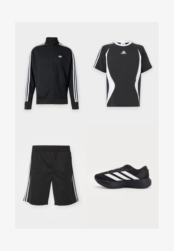 Zwarte jas met ritssluiting van meshstof, met witte strepen op de mouwen en een klein wit logo op de borst.; Zwart T-shirt met korte mouwen met witte designelementen en het Adidas-logo op de borst. Gemaakt van zacht katoen met een ronde hals.; Zwarte sportieve shorts met een elastische tailleband, voorzien van witte zijstrepen en een gladde stofstructuur. Geen extra versieringen.; Zwarte hardloopschoen met dikke zool en drie witte diagonale strepen aan de zijkant, gezien vanaf de buitenkant.