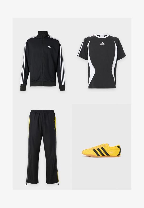 Sort lynlåstrøje lavet af meshstof, med hvide striber på ærmerne og et lille hvidt logo på brystet.; Sort kortærmet T-shirt med hvide designdetaljer og Adidas-logo på brystet. Lavet af blødt bomuldsstof med rund hals.; Sorte træningsbukser med gule sideaccenter, elastisk talje og lynlåslommer på siden. Fremstillet af let og glat stof.; Gul atletiksko med en tekstureret overdel, der har sorte striber og logo. Rundt tå, blød sål og zigzag-mønster på materialet.