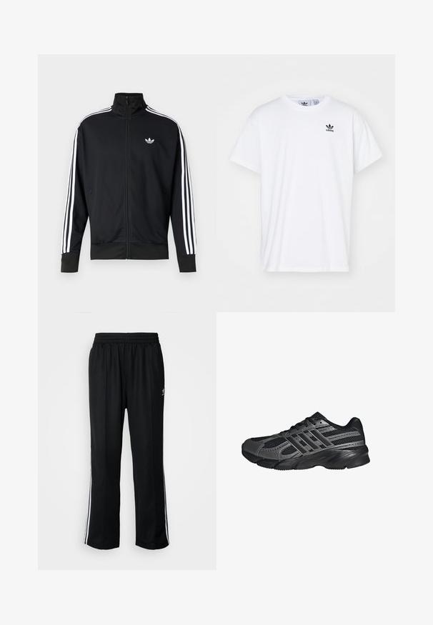 Sort lynlåstrøje lavet af meshstof, med hvide striber på ærmerne og et lille hvidt logo på brystet.; Hvid bomulds T-shirt med korte ærmer, rund halsudskæring og et sort Adidas-logo med tre striber på venstre brystområde.; Sorte træningsbukser med elastisk talje, der har hvide sidestænger og et lille logo. Materialet ser blødt og let ud.; Sorte træningssko lavet af mesh og syntetiske materialer, med en tekstureret overflade, flere grå striber og en polstret krave.