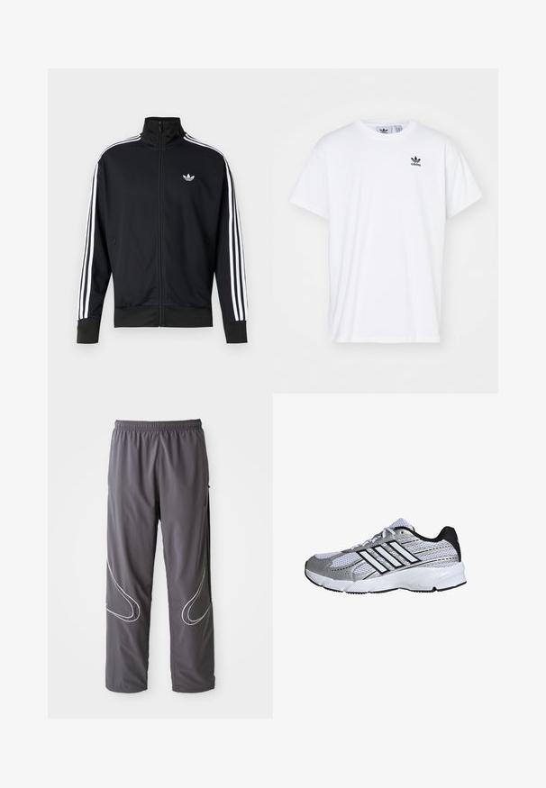 Chaqueta negra con cremallera hecha de tela de malla, con rayas blancas en las mangas y un pequeño logo blanco en el pecho.; Camiseta blanca de algodón con mangas cortas, escote redondo y un logo negro de Adidas con tres franjas en la zona del lado izquierdo del pecho.; Pantalones deportivos grises para hombre con cintura elástica, bolsillos con cremallera y acentos reflectantes blancos en los laterales. Textura ligera y suave.; Zapatilla deportiva de malla en blanco y plata, con acentos en negro, logo de tres franjas blancas, cuello acolchado y suela de goma texturizada.