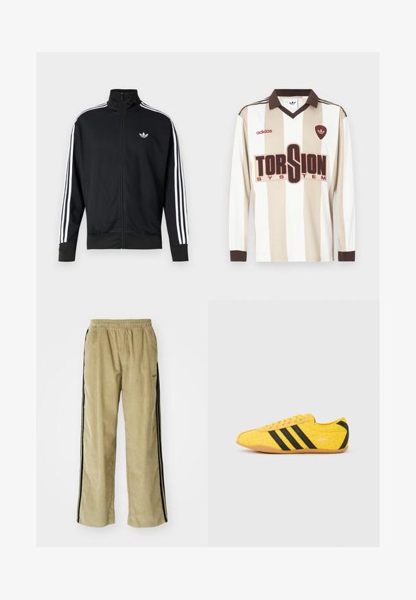 Sort lynlåstrøje lavet af meshstof, med hvide striber på ærmerne og et lille hvidt logo på brystet.; Langærmet beige og hvidstribet fodboldtrøje; har brun krave og ærmekanter, stort rødt "TORSION SYSTEM" logo og adidas-mærkning.; Beige fløjsbukser med elastisk talje, der har sorte side-striber. Stoffet har en ribbet tekstur og er let flagrende forneden.; Gul atletiksko med en tekstureret overdel, der har sorte striber og logo. Rundt tå, blød sål og zigzag-mønster på materialet.