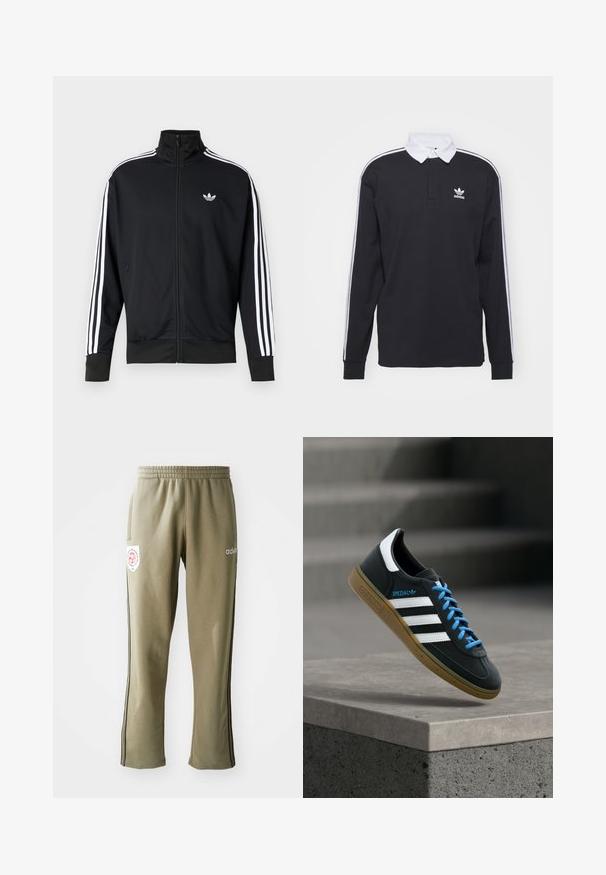 Chaqueta negra con cremallera hecha de tela de malla, con rayas blancas en las mangas y un pequeño logo blanco en el pecho.; Camisa de polo negra de manga larga con cuello blanco y tres rayas blancas a lo largo de las mangas; presenta un logo de Adidas bordado en el pecho.; Pantalones deportivos de color verde oliva con cintura elástica, bolsillos laterales, rayas negras a los lados y un parche de logo en el muslo.; Zapatilla negra Adidas con franjas blancas, cordones azules y suela de goma flotando sobre un escalón de hormigón gris con luz suave.