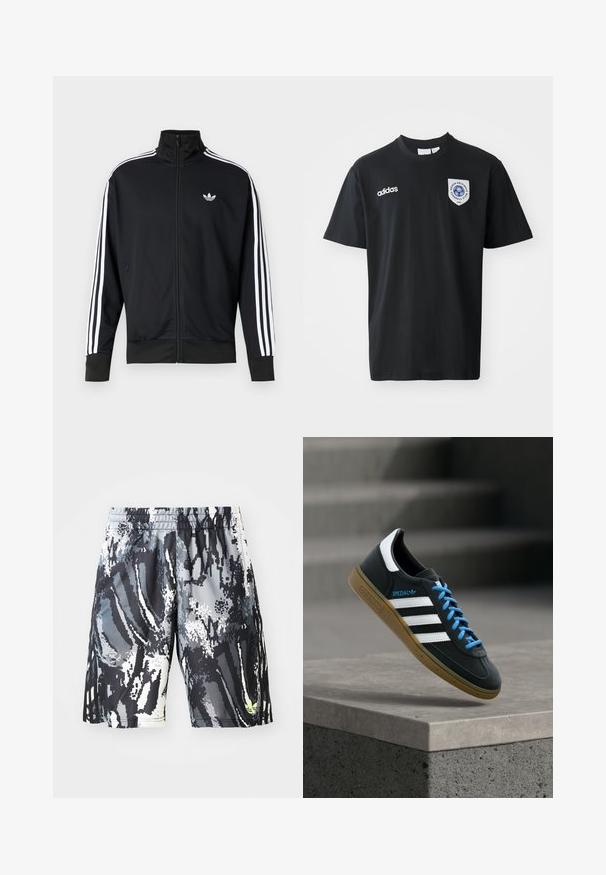 Sort lynlåstrøje lavet af meshstof, med hvide striber på ærmerne og et lille hvidt logo på brystet.; Sort kortærmet t-shirt lavet af bomuld, med rund hals. Indeholder hvidt Adidas-logo og et mærke med et blåt emblem på venstre bryst.; Sorte og grå mønstrede træningsshorts med elastisk talje, der har et digitalt abstrakt design og en lille neonaccent.; Sort Adidas sneaker med hvide striber, blå snørebånd og gummisål, der svæver over gråt betontrin i blødt lys.
