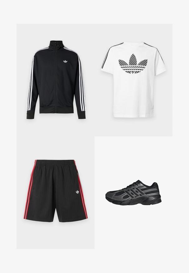 Sort lynlåstrøje lavet af meshstof, med hvide striber på ærmerne og et lille hvidt logo på brystet.; Hvid bomuld t-shirt med sort grafisk trefoil-logo på fronten og sorte striber langs skuldrene som accent.; Sorte atletikshorts med elastisk talje, røde og hvide sidestreger, to sidelommer og hvid Adidas trebladet logo på venstre ben.; Sorte træningssko lavet af mesh og syntetiske materialer, med en tekstureret overflade, flere grå striber og en polstret krave.