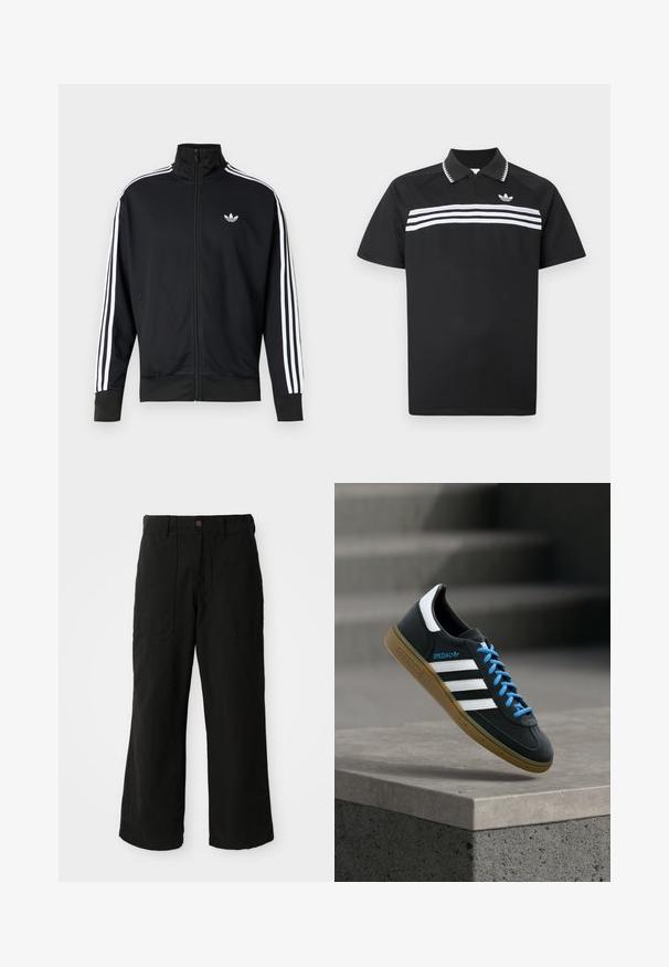 Chaqueta negra con cremallera hecha de tela de malla, con rayas blancas en las mangas y un pequeño logo blanco en el pecho.; Polo negro con cuello de cremallera, con tres franjas horizontales blancas en el pecho y un pequeño logotipo en la parte superior izquierda.; Pantalones de pierna ancha en color negro, fabricados en un tejido suave, con bolsillos frontales y cierre de botón en la cintura. Diseño minimalista sin patrones visibles.; Zapatilla negra Adidas con franjas blancas, cordones azules y suela de goma flotando sobre un escalón de hormigón gris con luz suave.